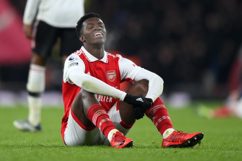 Eddie Nketiah matches Arsenal legend's goalscoring record 2 LONDON, ENGLAND - JANUARY 22: Eddie Nketiah of Arsenal celebrates after the team's victory during the Premier League match between Arsenal FC and Manchester United at Emirates Stadium on January 22, 2023 in London, England. (Photo by Shaun Botterill/Getty Images)