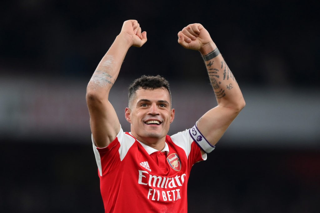 Ex-Gunner named new club's captain 2 weeks after signing 4 LONDON, ENGLAND - JANUARY 22: Granit Xhaka of Arsenal celebrates after the team's victory during the Premier League match between Arsenal FC and Manchester United at Emirates Stadium on January 22, 2023 in London, England. (Photo by Shaun Botterill/Getty Images)