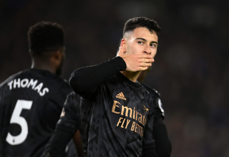 BRIGHTON, ENGLAND - DECEMBER 31: Gabriel Martinelli of Arsenal celebrates after scoring the team's fourth goal during the Premier League match betw...