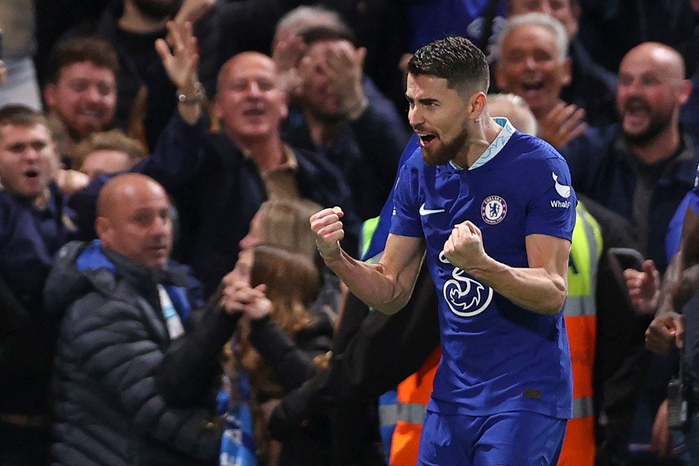 Chelsea's Italian midfielder Jorginho celebrates after scoring the opening goal from the penalty spot during the English Premier League football ma...
