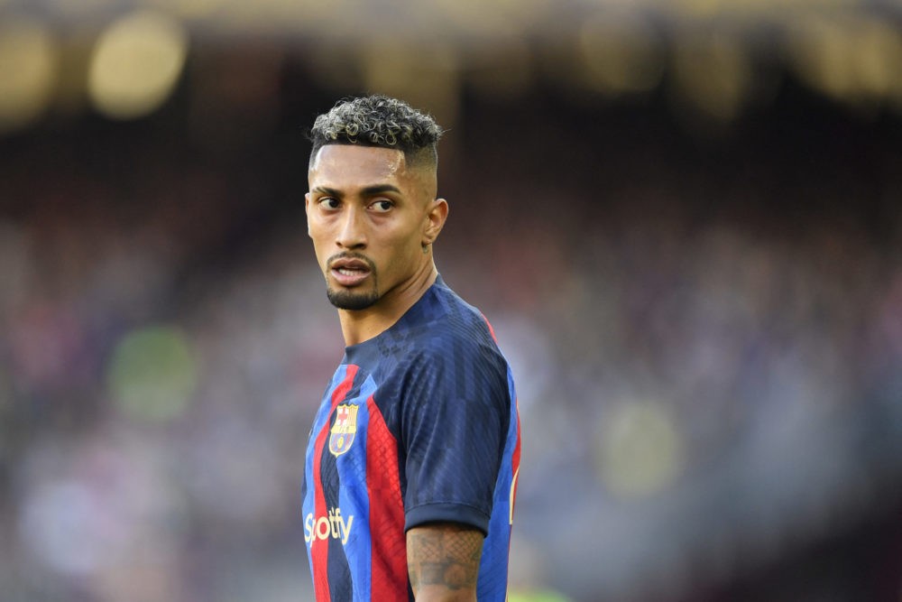 Barcelona's Brazilian forward Raphinha looks on during the Spanish League football match between FC Barcelona and RCD Espanyol at the Camp Nou stad...