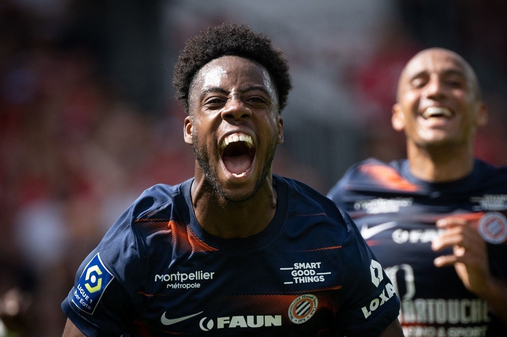 Montpellier's French forward Elye Wahi celebrates scoring his team's fifth goal during the French L1 football match between Stade Brestois 29 (Bres...