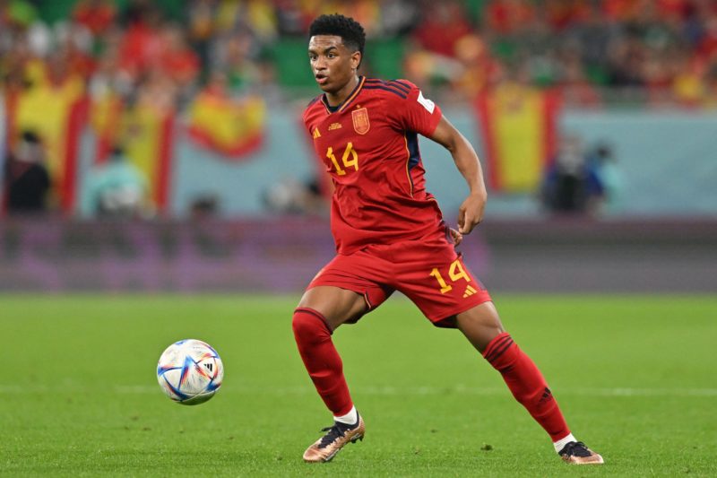 Arsenal contact frustrated 19yo Barcelona winger's reps 2 Spain's defender #14 Alejandro Balde controls the ball during the Qatar 2022 World Cup Group E football match between Spain and Costa Rica at the Al-Thumama Stadium in Doha on November 23, 2022. (Photo by GLYN KIRK/AFP via Getty Images)