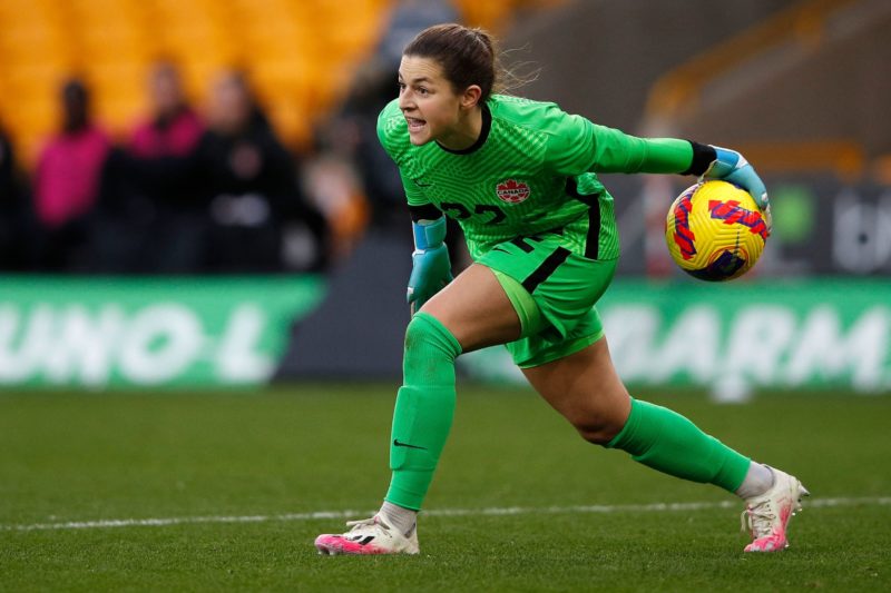 Canada's goalkeeper Sabrina D'Angelo throws the ball to a teammate during the Arnold Clark Cup women's international football match between Spain a...