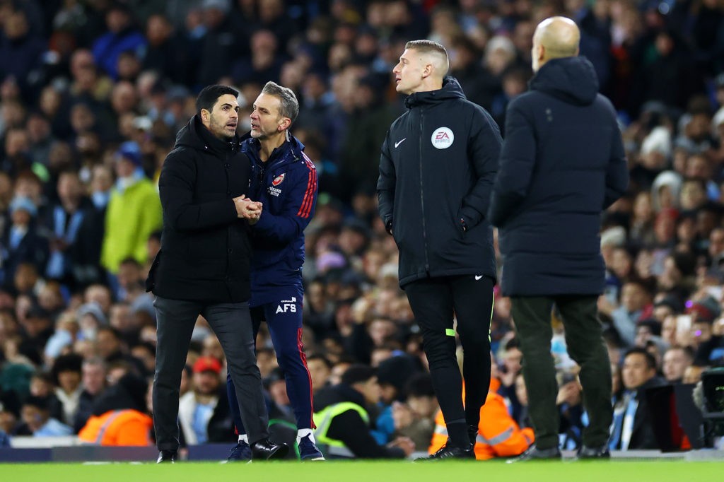 Zinchenko sends message to Manchester City 3 MANCHESTER, ENGLAND - JANUARY 27: Mikel Arteta, Manager of Arsenal, is held back by Albert Stuivenberg, Assistant Manager of Arsenal, as they speak with the fourth official during the Emirates FA Cup Fourth Round match between Manchester City and Arsenal at Etihad Stadium on January 27, 2023 in Manchester, England. (Photo by Michael Steele/Getty Images)