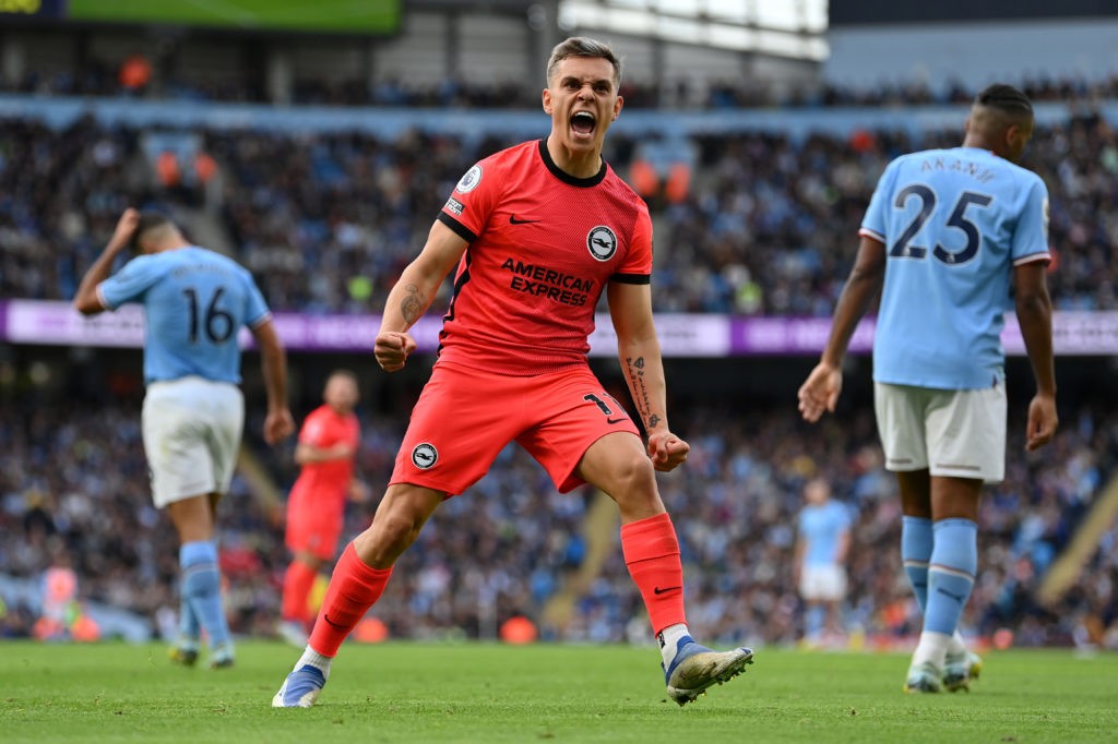 Arsenal signing to make 1st start against Manchester City 3 MANCHESTER, ENGLAND: Leandro Trossard of Brighton & Hove Albion celebrates after scoring their team's first goal during the Premier League match between Manchester City and Brighton & Hove Albion at Etihad Stadium on October 22, 2022. (Photo by Justin Setterfield/Getty Images)