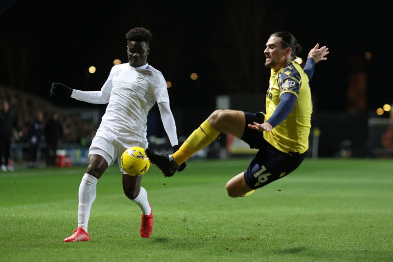 Bukayo Saka update after Oxford win 2 OXFORD, ENGLAND - JANUARY 09: Ciaron Brown of Oxford United clears a shot from Bukayo Saka of Arsenal during the Emirates FA Cup Third Round match between Oxford United and Arsenal at Kassam Stadium on January 09, 2023 in Oxford, England. (Photo by Richard Heathcote/Getty Images)