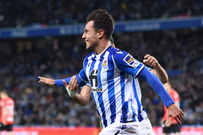 SAN SEBASTIAN, SPAIN - MARCH 13: Martin Zubimendi of Real Sociedad celebrates scoring their side's first goal during the LaLiga Santander match bet...