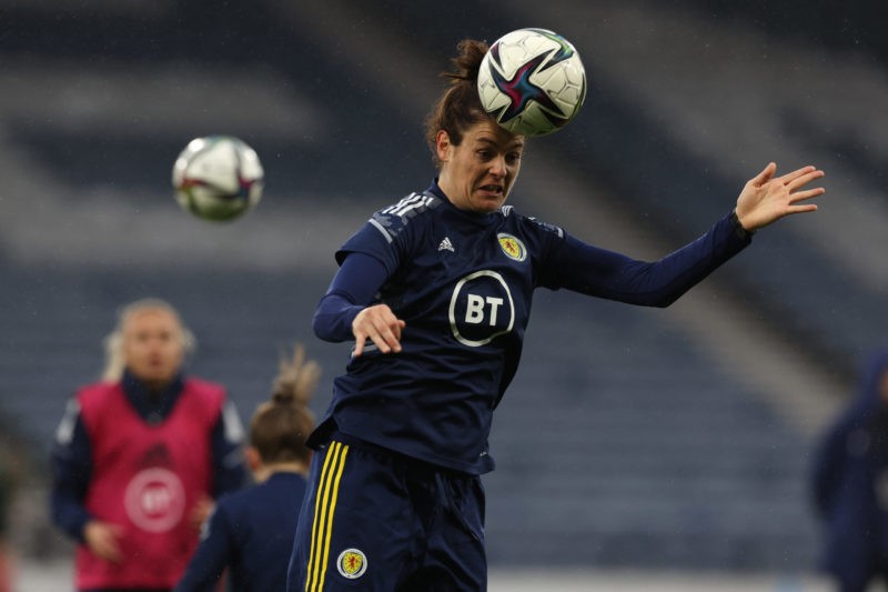 GLASGOW, SCOTLAND - APRIL 12: Jen Beattie of Scotland warms up prior to the FIFA Women's World Cup 2023 Qualifier group B match between Scotland an...