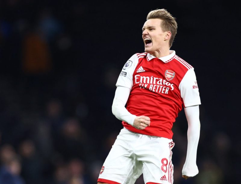 Martin Odegaard takes his game to another level 4 LONDON, ENGLAND: Martin Odegaard of Arsenal celebrates after the team's victory during the Premier League match between Tottenham Hotspur and Arsenal FC at Tottenham Hotspur Stadium on January 15, 2023. (Photo by Clive Rose/Getty Images)