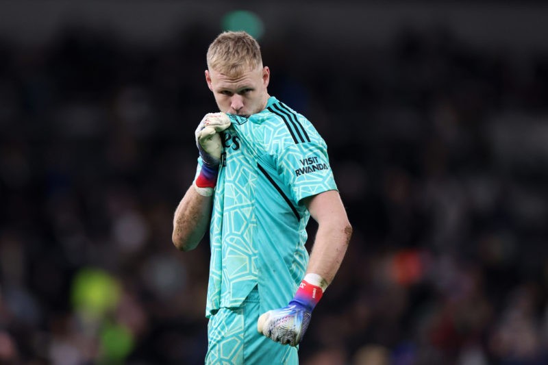 LONDON, ENGLAND - JANUARY 15: Aaron Ramsdale of Arsenal kisses the badge in front of Tottenham Hotspur fans after the team's victory during the Pre...