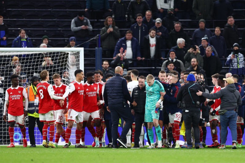 LONDON, ENGLAND - JANUARY 15: Aaron Ramsdale of Arsenal reacts after the team's victory during the Premier League match between Tottenham Hotspur and Arsenal FC at Tottenham Hotspur Stadium on January 15, 2023 in London, England. (Photo by Clive Rose/Getty Images)