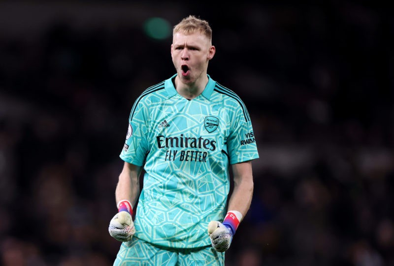 LONDON, ENGLAND - JANUARY 15: Aaron Ramsdale of Arsenal celebrates towards the Tottenham fans following the Premier League match between Tottenham ...