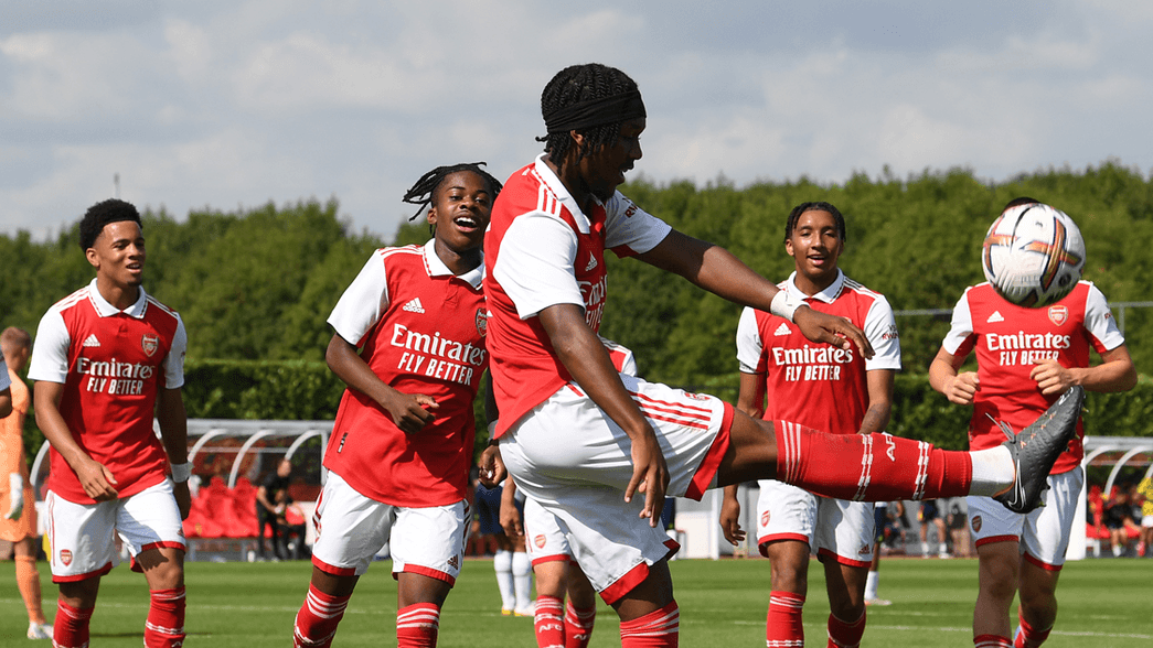 Omari Benjamin celebrates his goal for Arsenal against the Chelsea u18s (Photo via Arsenal.com)
