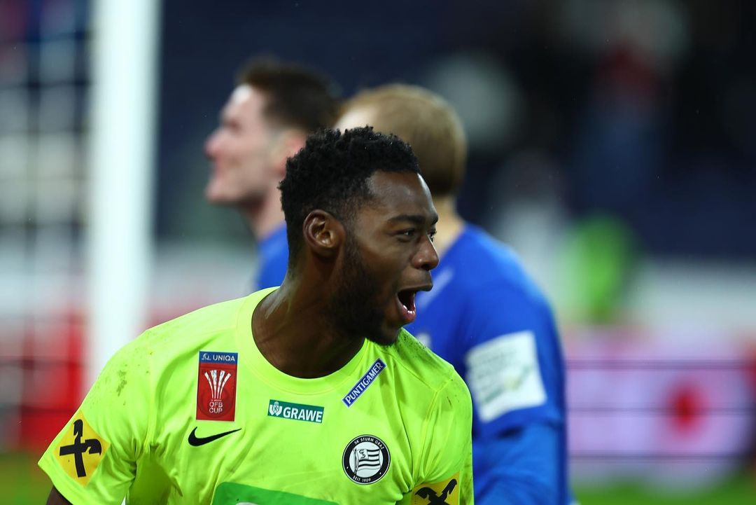 Arthur Okonkwo celebrating with Sturm Graz (Photo via Okonkwo on Instagram)