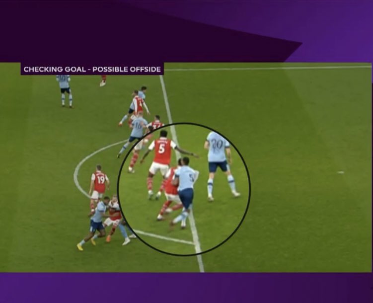 Ethan Pinnock stands in an offside position in the build-up to Brentford's equaliser against Arsenal but is ruled not to be interfering with play