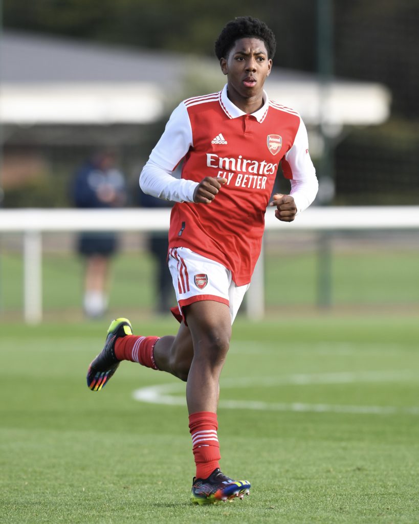 Myles Lewis-Skelly plays for the Arsenal u18s (Photo via Arsenal Academy on Twitter)