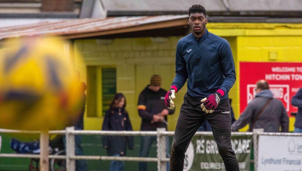 Will 3 keepers leave Arsenal this summer? 5 Brian Okonkwo with Hitchin Town (Photo via Hitchin Town FC on Twitter)