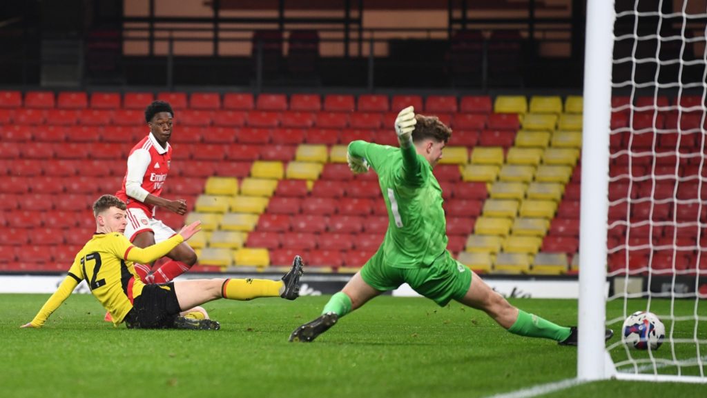 Osman Kamara scoring for the Arsenal u18s (Photo via Arsenal Academy on Twitter)