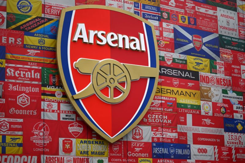 LONDON, ENGLAND - FEBRUARY 11: A detailed view of the We All Follow The Arsenal stadium wrap around prior to the Premier League match between Arsen...