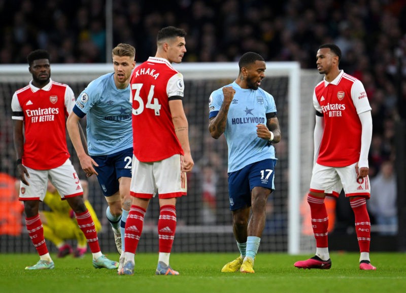 LONDON, ENGLAND - FEBRUARY 11: Ivan Toney of Brentford celebrates after VAR decided his equalising goal should stand during the Premier League match between Arsenal FC and Brentford FC at Emirates Stadium on February 11, 2023 in London, England. (Photo by Clive Mason/Getty Images)