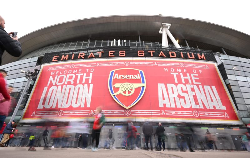 LONDON, ENGLAND - FEBRUARY 11: A general view of the Come To See The Arsenal stadium wrap prior to the Premier League match between Arsenal FC and ...