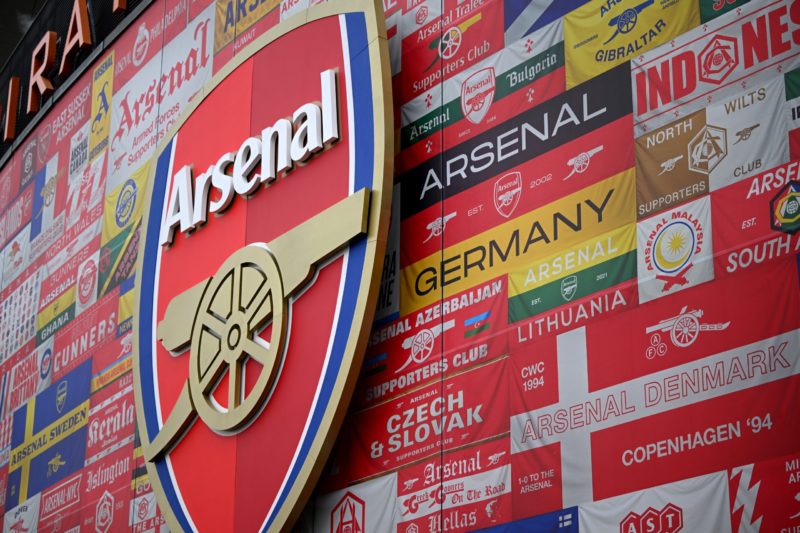 LONDON, ENGLAND - FEBRUARY 11: A detailed view of the We All Follow The Arsenal stadium wrap around prior to the Premier League match between Arsen...