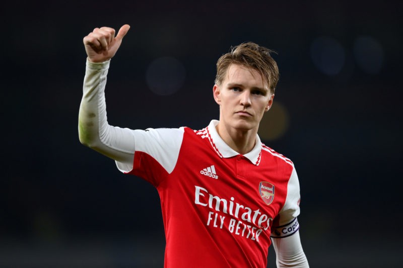 LONDON, ENGLAND - FEBRUARY 15: Martin Odegaard of Arsenal acknowledges the fans after the Premier League match between Arsenal FC and Manchester Ci...