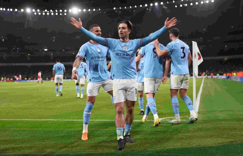 LONDON, ENGLAND - FEBRUARY 15: Jack Grealish of Manchester City celebrates scoring the team's second goal during the Premier League match between A...