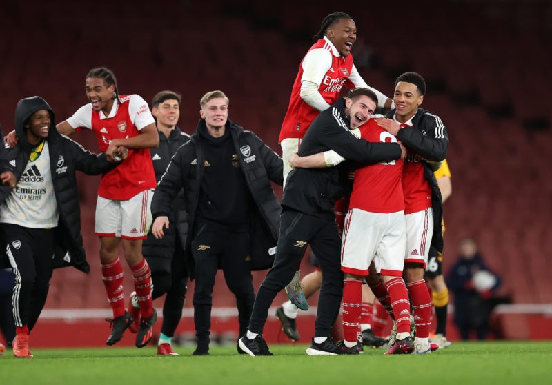 LONDON, ENGLAND - FEBRUARY 23: Arsenal celebrate at full time after their win in the FA Youth Cup Fifth round match between Arsenal and Cambridge U...