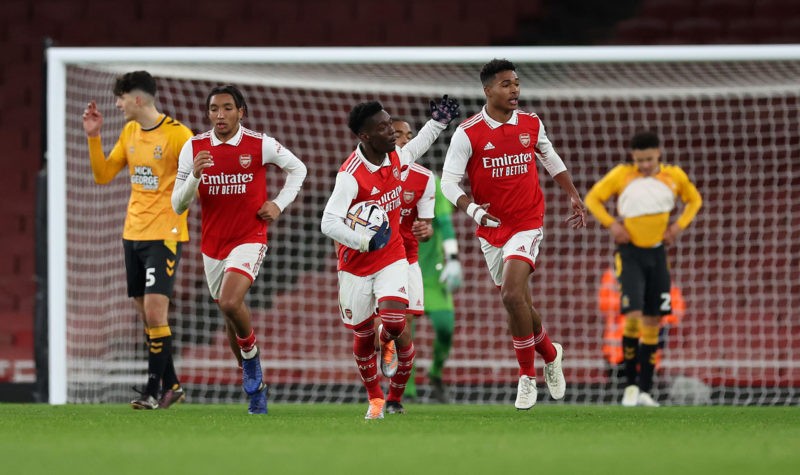 Arsenal secure FA Youth Cup semi-final spot 2 LONDON, ENGLAND - FEBRUARY 23: Amario Cozier-Duberry of Arsenal celebrates scoring a penalty past Tom Finch of Camb Utd to make it 2-2 during the FA Youth Cup Fifth round match between Arsenal and Cambridge United at Emirates Stadium on February 23, 2023 in London, England. (Photo by Julian Finney/Getty Images)