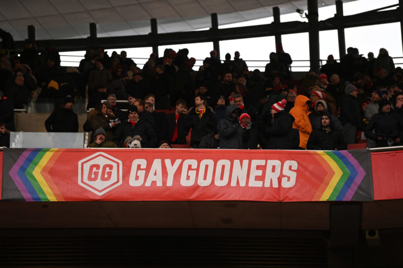 Arsenal champions LGBTQ+ rights during Pride Month 5 LONDON, ENGLAND - NOVEMBER 27: A rainbow flag is seen as clubs show support for the Stonewall Rainbow Laces campaign during the Premier League match between Arsenal and Newcastle United at Emirates Stadium on November 27, 2021 in London, England. (Photo by Shaun Botterill/Getty Images)