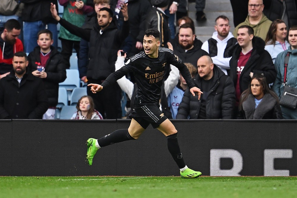 BIRMINGHAM, ENGLAND: Gabriel Martinelli of Arsenal celebrates after scoring the team's fourth goal during the Premier League match between Aston Vi...