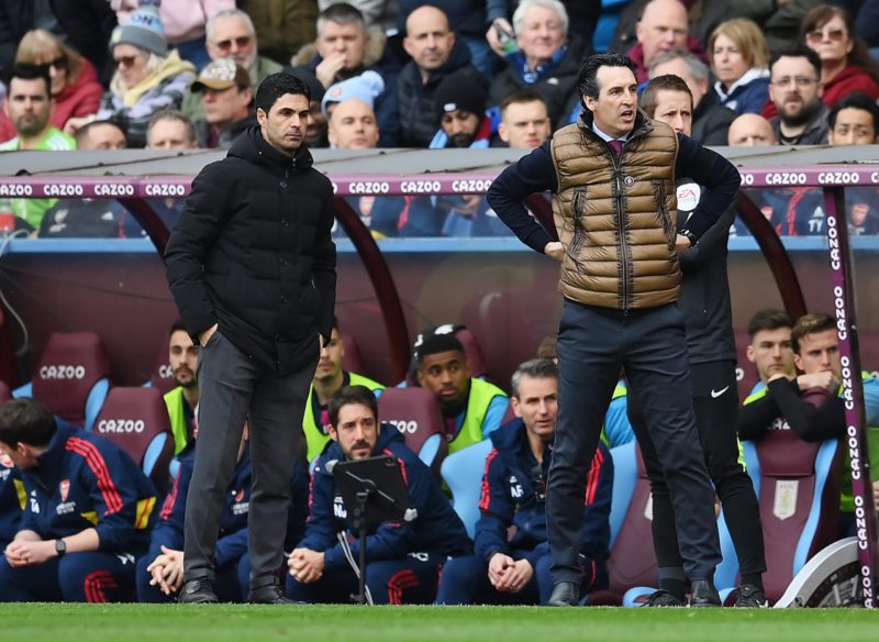 Unai Emery Arsenal revisionism needs to stop 2 BIRMINGHAM, ENGLAND - FEBRUARY 18: Mikel Arteta, Manager of Arsenal, and Unai Emery, Manager of Aston Villa, look on during the Premier League match between Aston Villa and Arsenal FC at Villa Park on February 18, 2023 in Birmingham, England. (Photo by Shaun Botterill/Getty Images)