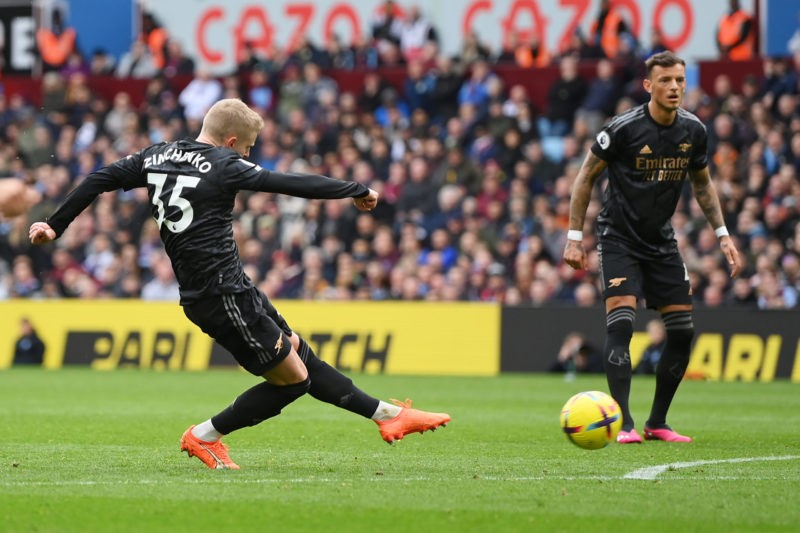 "We need to believe until the very end" says Zinchenko 2 BIRMINGHAM, ENGLAND - FEBRUARY 18: Oleksandr Zinchenko of Arsenal scores the team's second goal during the Premier League match between Aston Villa and Arsenal FC at Villa Park on February 18, 2023 in Birmingham, England. (Photo by Shaun Botterill/Getty Images)