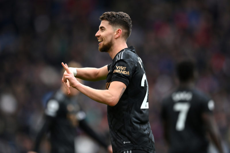 BIRMINGHAM, ENGLAND - FEBRUARY 18: Jorginho of Arsenal celebrates after scoring the team's third goal during the Premier League match between Aston...