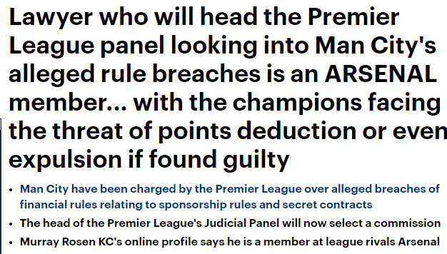 Lawyer who will head the Premier League panel looking into Man City's alleged rule breaches is an ARSENAL member... with the champions facing the t...
