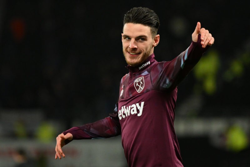 DERBY, ENGLAND - JANUARY 30: Declan Rice of West Ham United gestures to the crowd during warm-up ahead of the Emirates FA Cup Fourth Round match be...