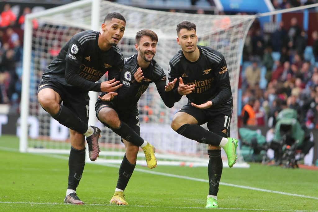 Arsenal 23yo withdraws from international duty with injury 2 Arsenal's Brazilian midfielder Gabriel Martinelli (R) celebrates with Arsenal's Portuguese midfielder Fabio Vieira (C) and Arsenal's French defender William Saliba (L) after scoring their fourth goal during the English Premier League football match between Aston Villa and Arsenal at Villa Park in Birmingham, central England on February 18, 2023. - Arsenal won the game 4-2. (Photo by GEOFF CADDICK/AFP via Getty Images)