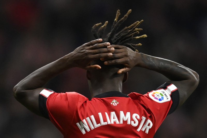 Athletic Bilbao's Spanish forward Nico Williams reacts during the Spanish League football match between Club Atletico de Madrid and Athletic Club B...