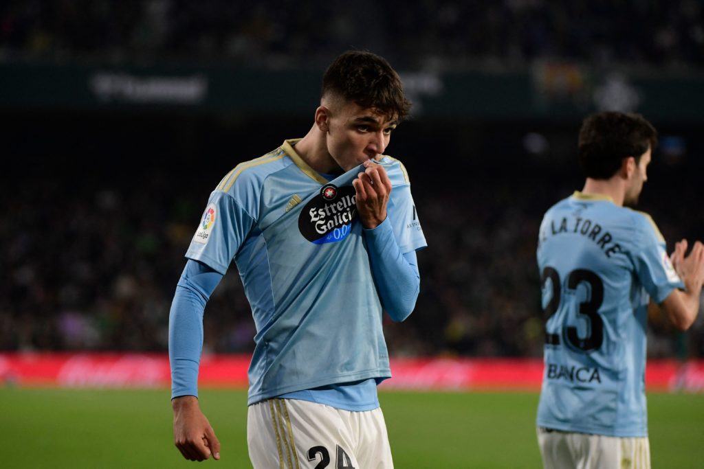Celta Vigo's Spanish midfielder Gabriel Veiga celebrates scoring his team's third goal during the Spanish league football match between Real Betis and RC Celta de Vigo, at the Benito Villamarin stadium in Seville, on February 4, 2023. (Photo by CRISTINA QUICLER / AFP) (Photo by CRISTINA QUICLER/AFP via Getty Images)