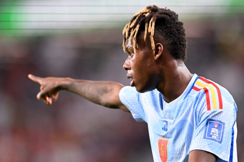 Spain's forward #12 Nico Williams gestures during the Qatar 2022 World Cup round of 16 football match between Morocco and Spain at the Education Ci...