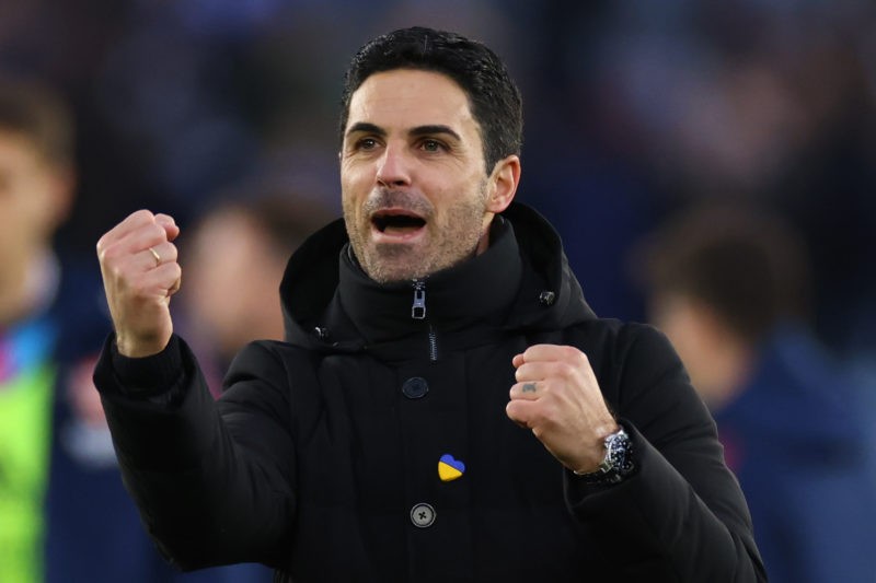 LEICESTER, ENGLAND - FEBRUARY 25: Mikel Arteta, Head Coach of Arsenal celebrates the win during the Premier League match between Leicester City and...
