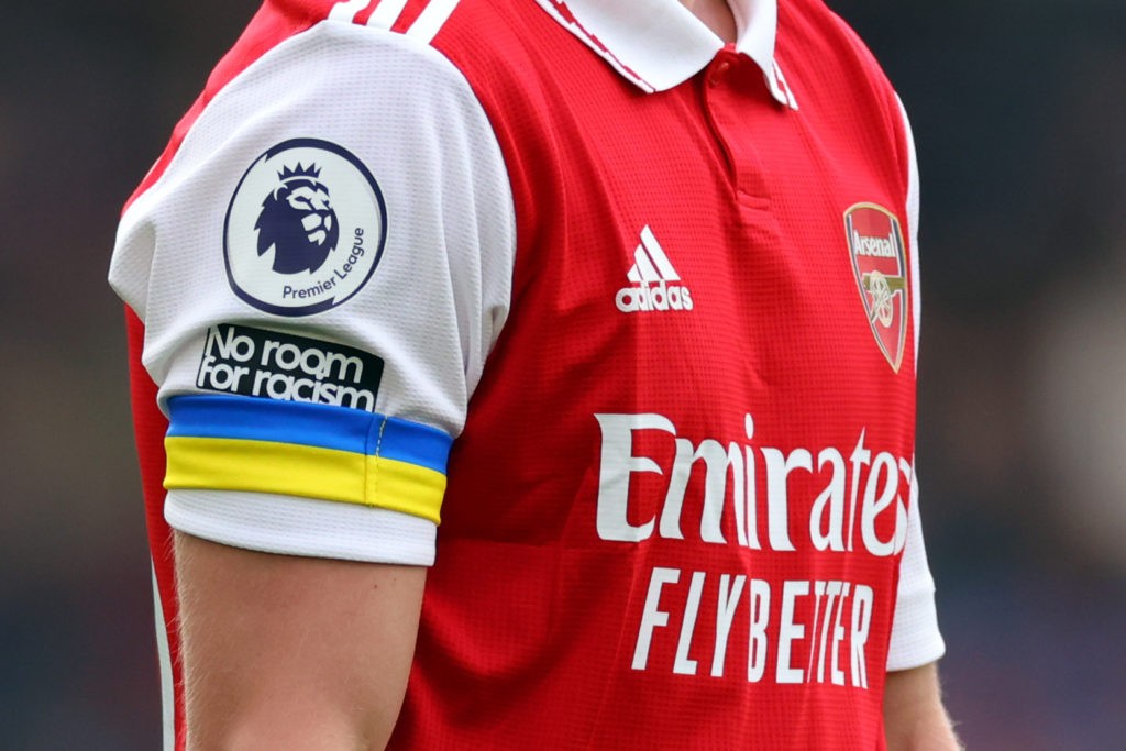 LEICESTER, ENGLAND - FEBRUARY 25: Oleksandr Zinchenko of Arsenal wears the captains armband to indicate peace and sympathy with Ukraine one year on during the Premier League match between Leicester City and Arsenal FC at The King Power Stadium on February 25, 2023 in Leicester, England. (Photo by Marc Atkins/Getty Images)