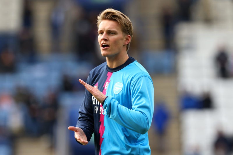 LEICESTER, ENGLAND - FEBRUARY 25: Martin Odegaard of Arsenal warms up prior to the Premier League match between Leicester City and Arsenal FC at Th...