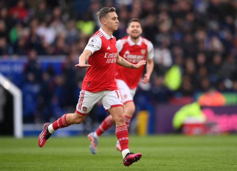 LEICESTER, ENGLAND - FEBRUARY 25: Leandro Trossard of Arsenal celebrates their sides goal which is later disallowed during the Premier League match...