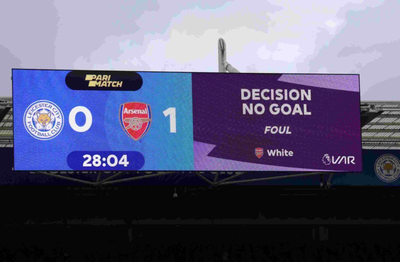 LEICESTER, ENGLAND - FEBRUARY 25: The LED board shows the decision of "No Goal" after a VAR check during the Premier League match between Leicester...