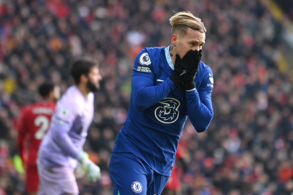 LIVERPOOL, ENGLAND - JANUARY 21: Mykhailo Mudryk of Chelsea reacts after a missed chance during the Premier League match between Liverpool FC and Chelsea FC at Anfield on January 21, 2023 in Liverpool, England. (Photo by Laurence Griffiths/Getty Images)