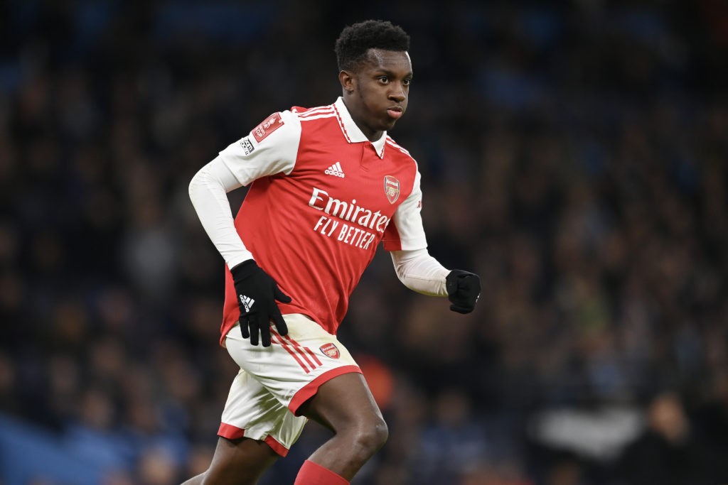 MANCHESTER, ENGLAND - JANUARY 27: Eddie Nketiah of Arsenal in action during the Emirates FA Cup Fourth Round match at the Etihad Stadium on January 27, 2023 in Manchester, England. (Photo by Michael Regan/Getty Images)