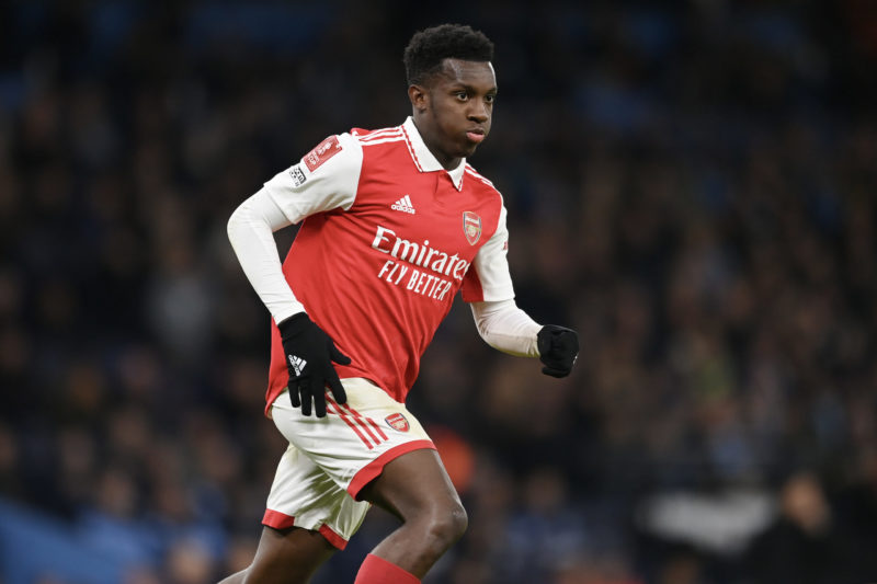 MANCHESTER, ENGLAND - JANUARY 27: Eddie Nketiah of Arsenal in action during the Emirates FA Cup Fourth Round match at the Etihad Stadium on January...
